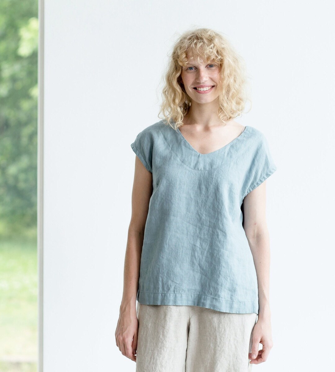 【2plan】24SS★ [MADE] Summer linen Basic U-neck S/S T Organic Linen Cotton Crew Neck Box-Top | EILEEN FISHER