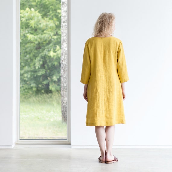 Linen Dress With 3/4 Sleeves/ V-neck Linen Dress/ Midi Lenght Linen Dress/  LINENCLOUD CLOTHING -  Canada