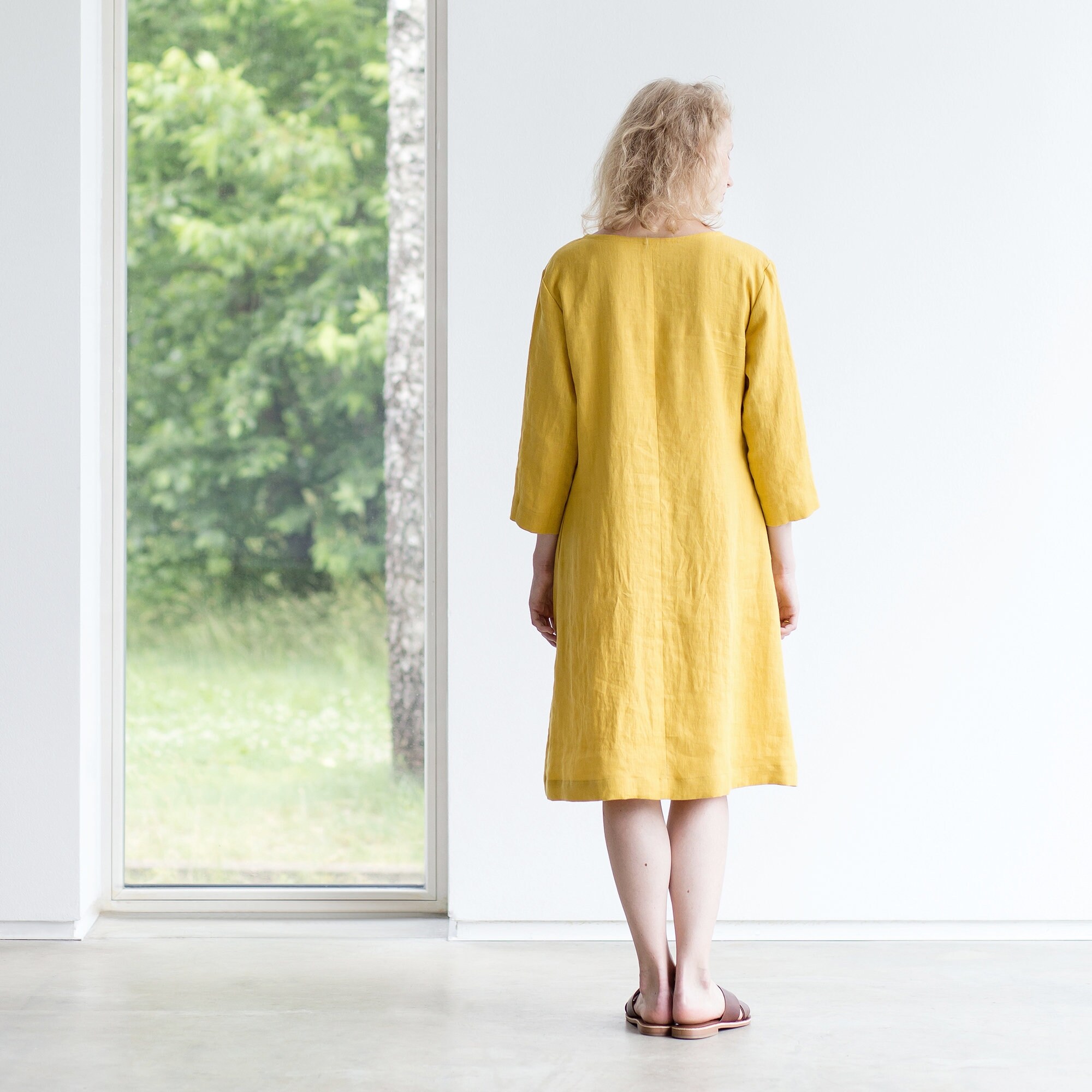 Linen Dress With 3 4 Sleeves V neck Linen Dress Midi Lenght