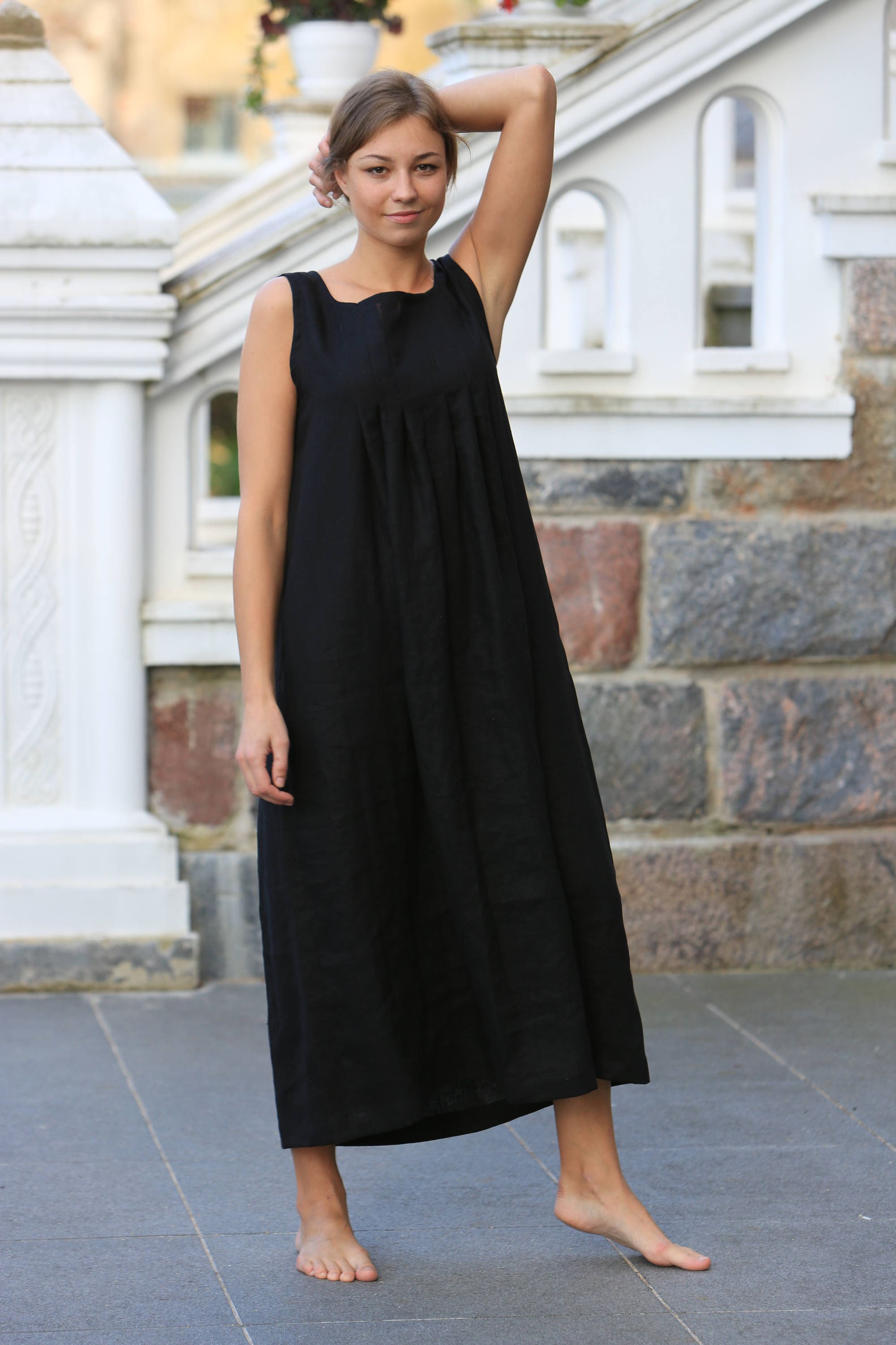 Linen Sleeveless Dress in Black Print - 3550902