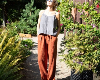 Linen Tailored Wide Leg Pant, Linen pants, Wide leg linen pants with pockets, Linen trousers with elastic waistband