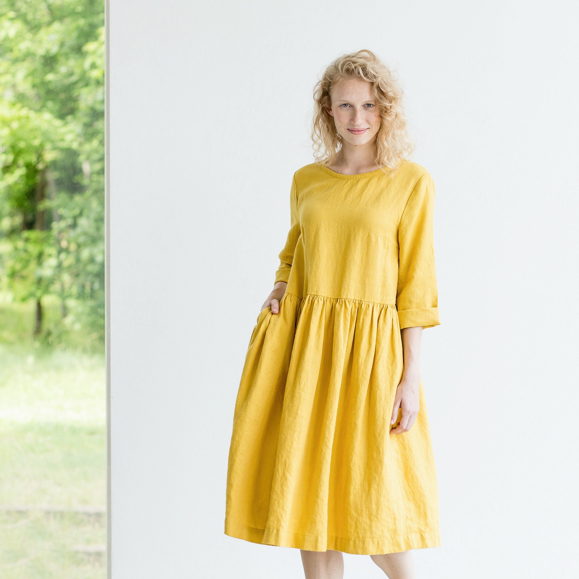 Italian linen dresses Fitted Casual Long Sleeve yellow Spliced Women Dress