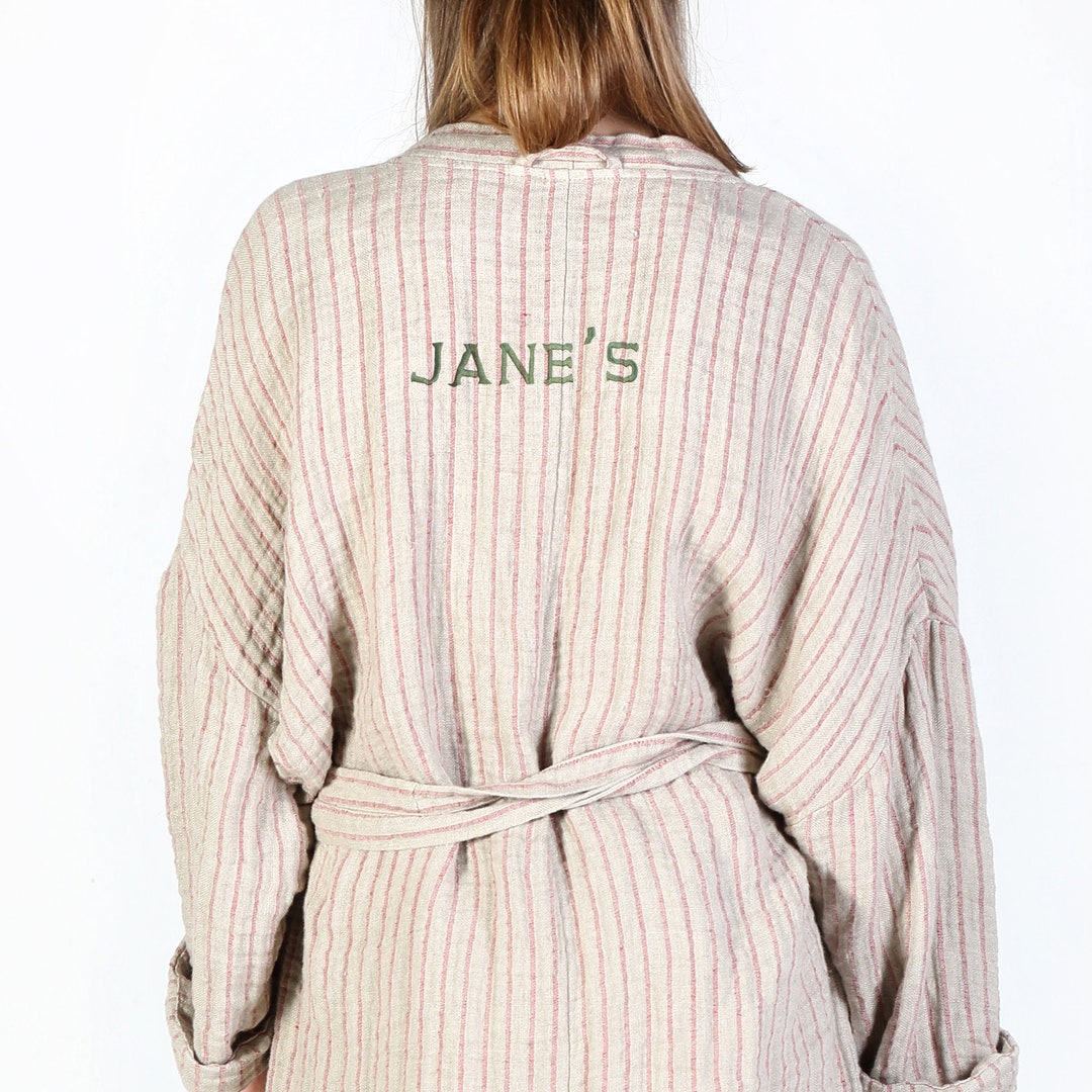 Custom Embroidered Linen Robe / Personalized Linen Bath Robe With Your