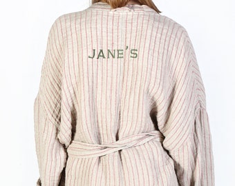 Custom embroidered linen robe / Personalized linen bath robe with your TEXT / Linen kimono robe / Washed linen bathrobe / Linen gown