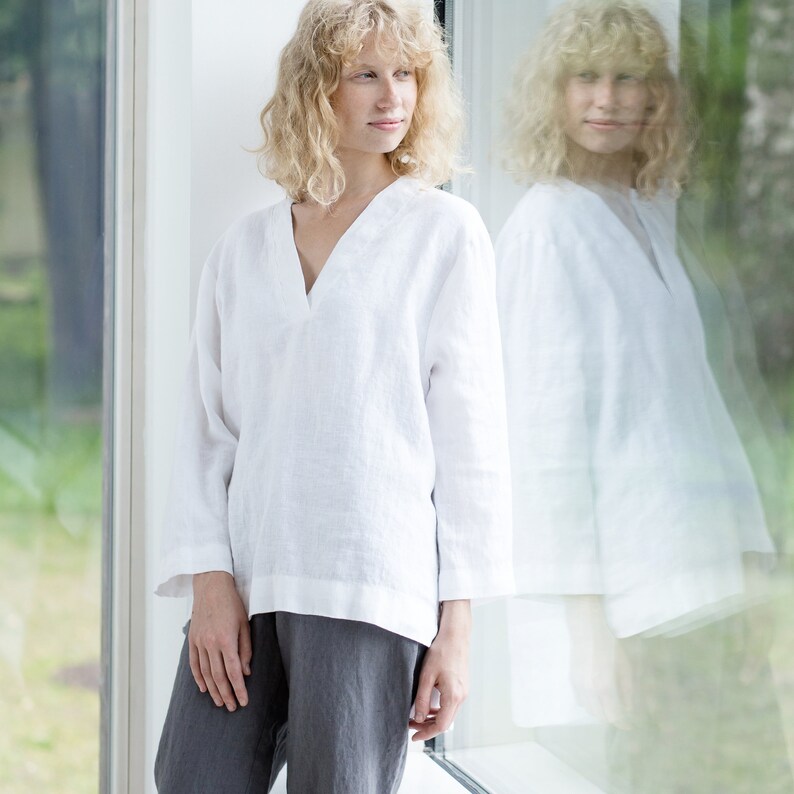 Natural Linen Top / Linen Shirt in V Neck / Washed Linen Blouse - Etsy