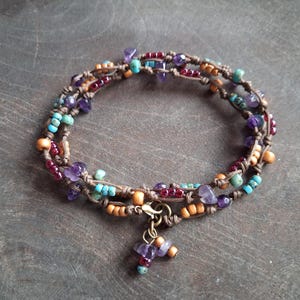 Amethyst knotted wrap bracelet, gemstone, jewelry
