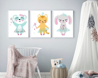 Conjunto de 3 animais bailarinos, arte de parede para meninas, arte de parede para bebês, decoração para casa, pôster de parede de bailarina com panda, gato e coelho, decoração para quarto de meninas, dança