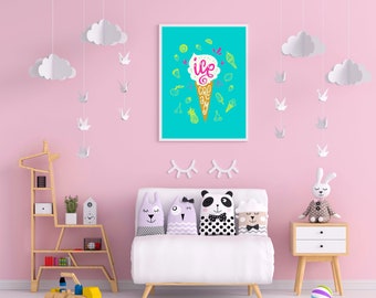 Ice Cream Wall Poster, Wall Art, Girls Wall Art, Bedroom Decor Girls, Girls Poster, Ice Cream Cone Art, Ice Cream Poster, Girls, Tween Gift