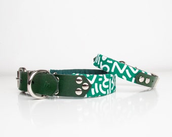 Dog collar in green leather with fun print, handmade cute gift for dogs and puppies, pet accessories for extra small to large breeds