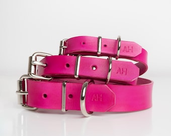 Handmade Pink Leather Dog Collar: Stainless Steel Hardware