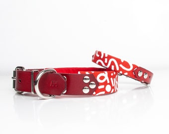 Dog collar in red leather with fun print, handmade cute gift for dogs and puppies, pet accessories for extra small to large breeds