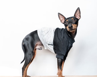 Dog Sweater / Dog jumper Colour block - Handmade fleece lined sweatshirt for dogs - Black / Grey cut and sew. Tripod friendly