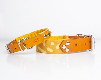 Dog collar in yellow leather with confetti print, handmade bright, bold gift for dogs and puppies, pet accessories for small to large breeds