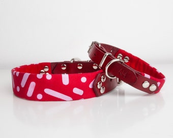 Dog collar in red leather with confetti print, handmade bright, bold gift for dogs and puppies, suitable for small to large breeds