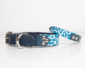 Dog collar in blue leather with fun print, handmade cute gift for dogs and puppies, pet accessories for extra small to large breeds