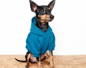 Handmade Teal Blue Dog Hoodie: Fleece Lined Cotton Sweater
