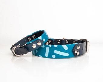 Dog collar in blue leather with confetti print, handmade bright, bold gift for dogs and puppies, suitable for small to large breeds