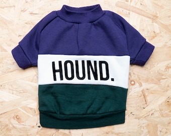 Handmade Fleece Lined Dog Sweater: Purple & Green Hound Print