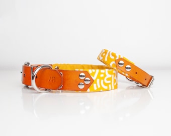 Dog collar in yellow leather with fun print, handmade cute gift for dogs and puppies, pet accessories for extra small to large breeds
