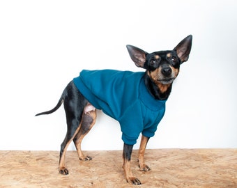 Dog Sweater / Dog jumper, Handmade fleece lined sweatshirt for dogs - Teal blue. Tripod friendly