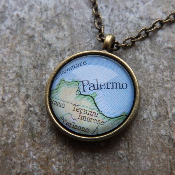 Vintage Bronze or Silver Pendant Necklace - Palermo, Sicily, Italy Old Map - Custom Jewelry - Personalized Location Gift