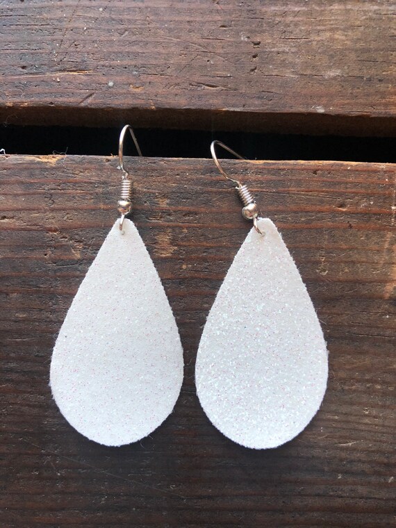 White Glitter Teardrop Earrings White Sparkly Teardrop Earrings