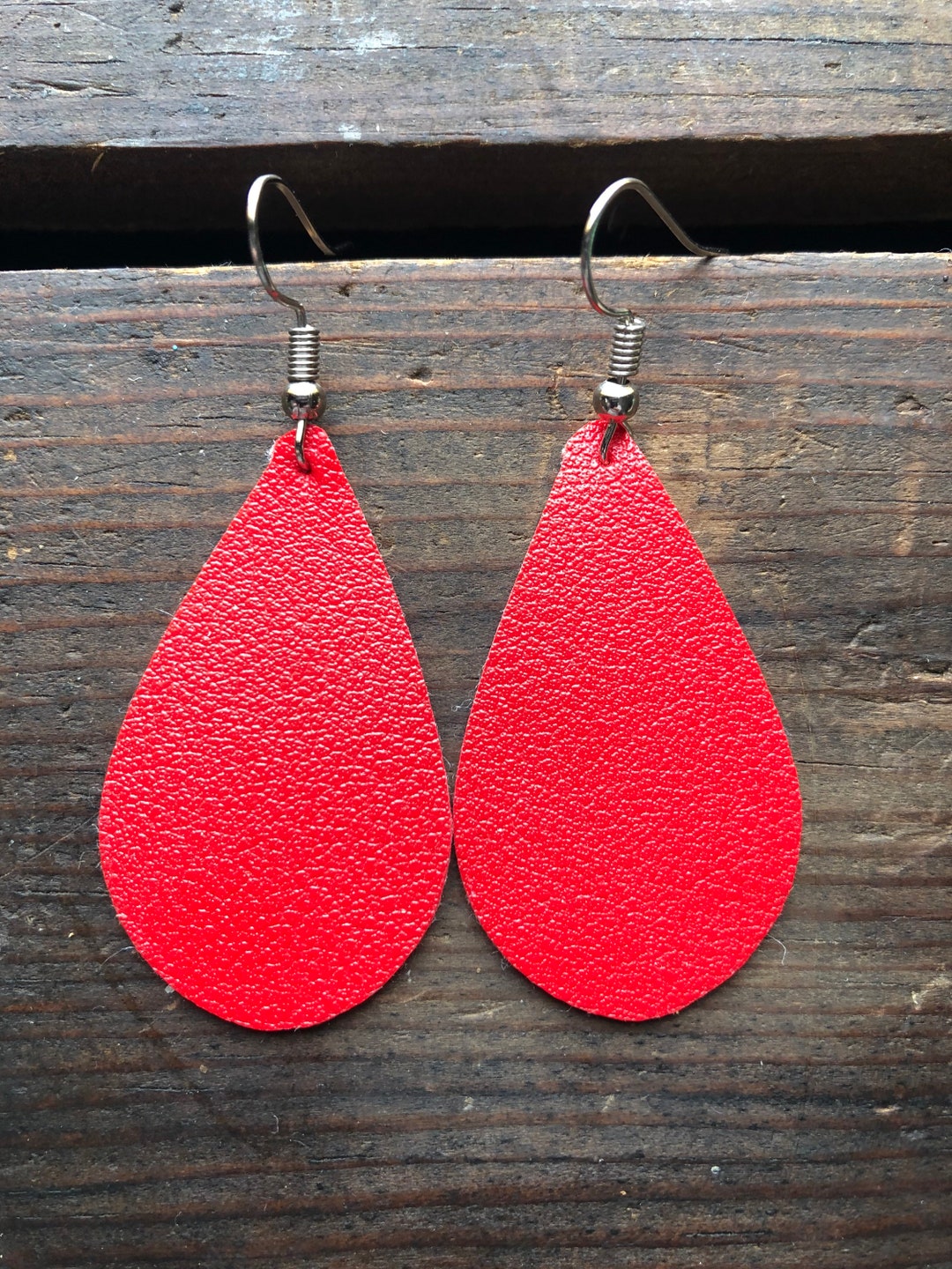Red Faux Leather Teardrop Earrings Etsy Norway