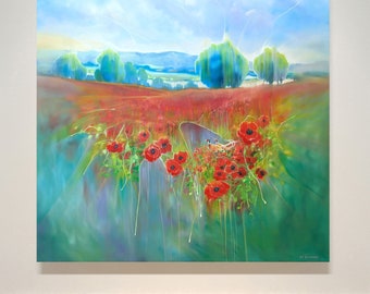 Beautiful England is an English countryside inspired landscape oil painting with pheasants and poppies in a summer meadow.