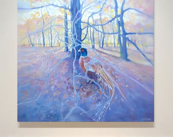 A Day in December is a large oil painting of a pheasant in a winter woodland. It is 40x40x1.5 inches.