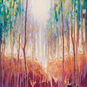 Forest Souls is a painting of a semi abstract autumn forest with deer,  wall art canvas wall art print - small to very large sizes available