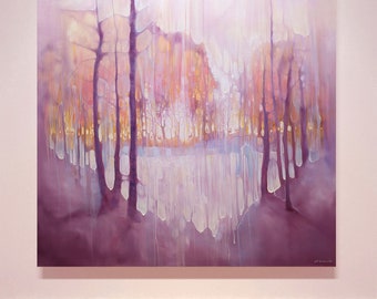 The Thin Place Beckons is a large deer abstract painting of a mystical forest and lake