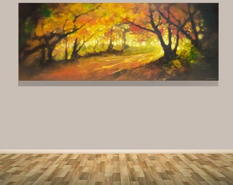 Follow the Dream, a panoramic oil painting of a golden forest pathway, oil on canvas