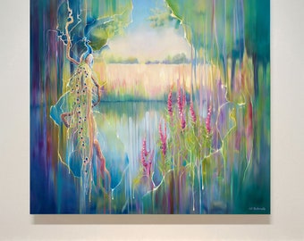 The Peacocks Secret is a large semi-abstract oil painting of a peacock in a secret garden by a lake in late summer.