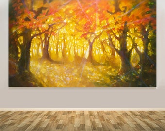 Natures Cathedral is a very large golden oil painting of an autumn forest clearing. It is 60x36x1.5 inches