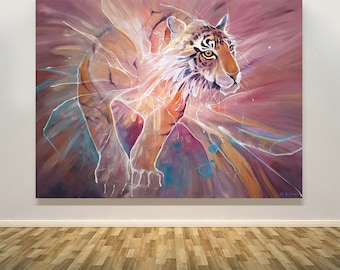 Tiger Materializing is a large semi-abstract oil painting of a tiger appearing out of a vibrantly coloured background.