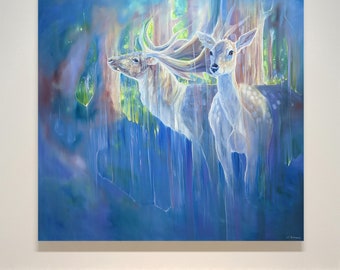 Divine Monarchs in Blue is a large semi-abstract wildlife painting of two deer in a bluebell wood in springtime