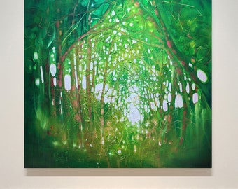The Green Wood Beckons is a vibrant green oil painting showing a path through a green wood with a deer stag watching from between the trees