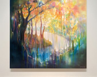 Getting Closer is a large semi-abstract oil painting of a vibrantly coloured magical woodland with stag