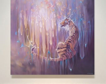 Tiger in the Purple Ether is a purple oil painting of a semi-abstract art-nouveau style tiger against an abstract background