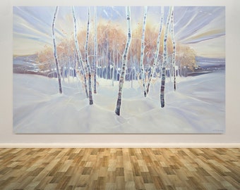 South Downs Winter is a large panoramic oil painting of deer and silver birch trees in snow with the South Downs Hills in the background.