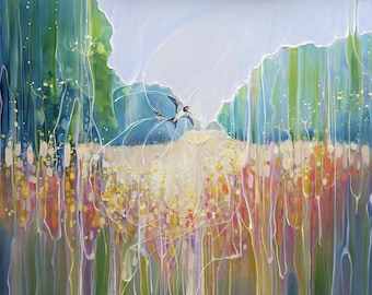 Puede incluir: Una pintura abstracta con una paleta de colores vibrantes. La obra presenta un campo de flores coloridas en tonos amarillos, naranjas y rojos, con un par de pájaros en vuelo. El fondo incluye líneas verticales verdes y azules, sugiriendo árboles y cielo.