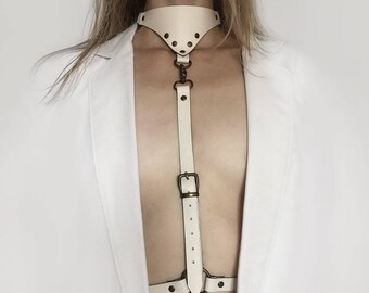 Leather harness Bondage Body Chest White Day Slave Collar Steampunk Burning man Festival clothing Goth Choker Harness Bdsm Fetish Mature