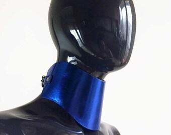 Leather posture collar Wide collar Choker Blue mirrored leather Fetish collar Bdsm day collar bdsm collar discreet bondage submissive collar