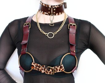 Leopard harness Bra harness Cage bra harness Bondage harness leopard print Leather body harness top Fetish harness Fashion harness chest