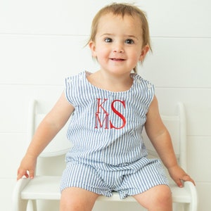 Monogrammed Toddler or little boy blue Seersucker shortall, Easter shortall, boy romper, jon jon seersucker