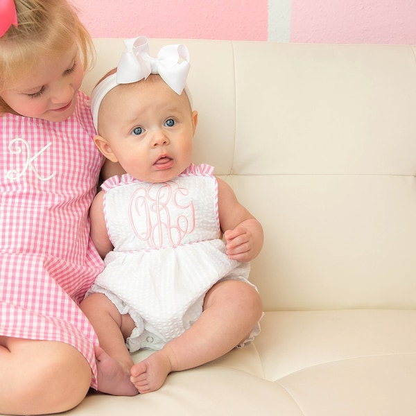 Monogrammed Infant or Toddler Seersucker Bubble Romper with pink trim, White Easter Bubble Romper, Spring Bubble, sunsuit girl seersucker