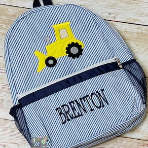 Seersucker Tractor Backpack: Navy Toddler Preschool Bag
