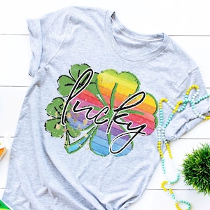 Lucky Rainbow 4 leaf clover graphic tee,  Womens Unisex St Pattys Day tee, Green tee, Four leaf clover, Lucky Tee, St Pattys day party