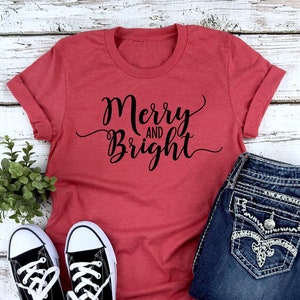 Merry and Bright Christmas Ladies Shirt, Tri-blend tee, crew or v-neck, color options, Women&#39;s Christmas Tee, Holiday shirt, Christmas Gift