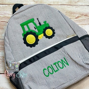 Green tractor Seersucker Backpack, Tractor preschool or toddler backpack, Black seerscuker backpack